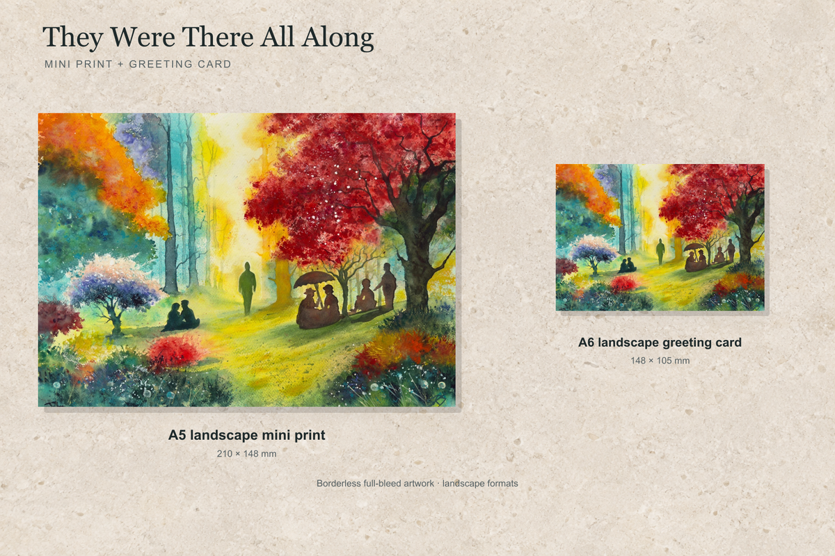 Illustrative landscape mock-up of the A5 mini print and A6 greeting card featuring They Were There All Along; both are borderless.