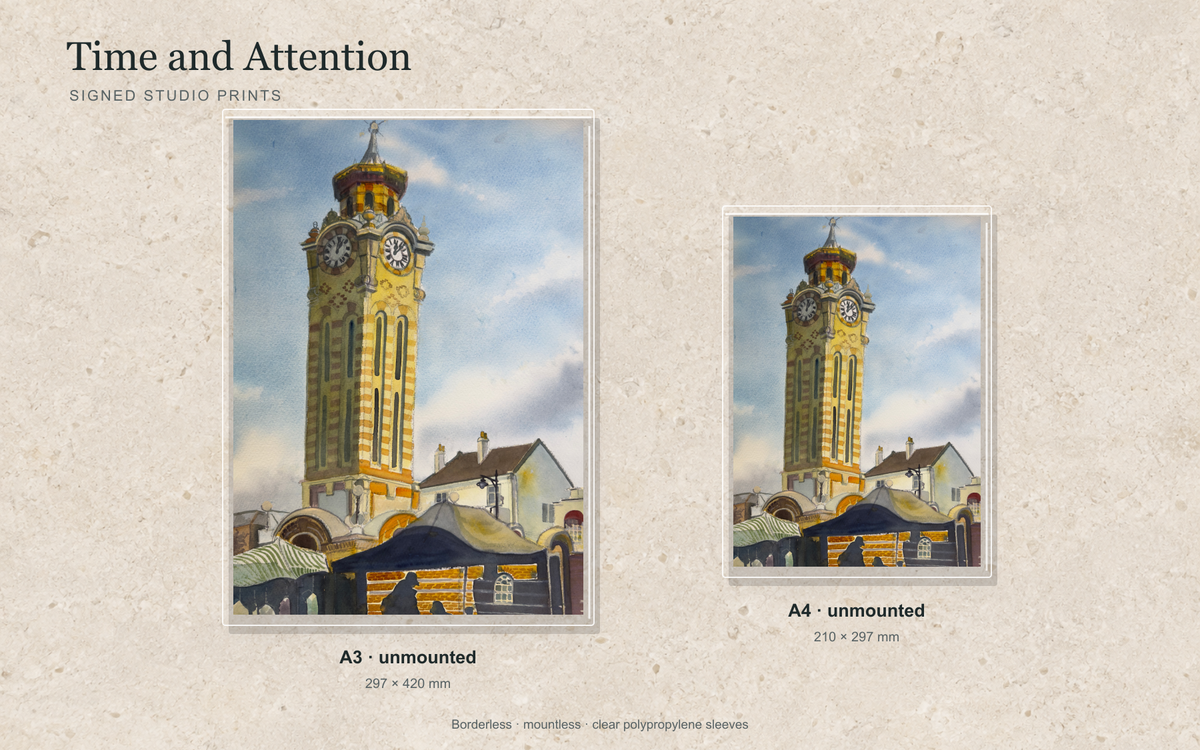 Illustrative mock-up of A4 and A3 borderless signed prints, unmounted in clear polypropylene bags, featuring Time and Attention.