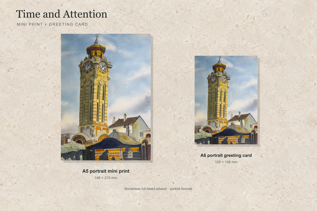 Illustrative portrait mock-up of the A5 mini print and A6 greeting card featuring Time and Attention; both are borderless.