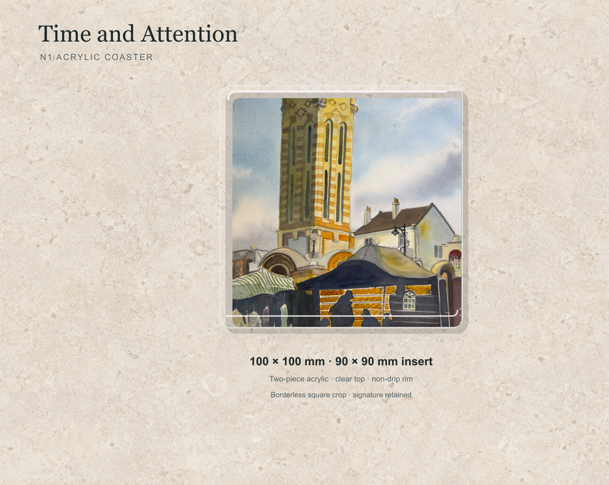Illustrative mock-up of the N1 acrylic coaster featuring Time and Attention.