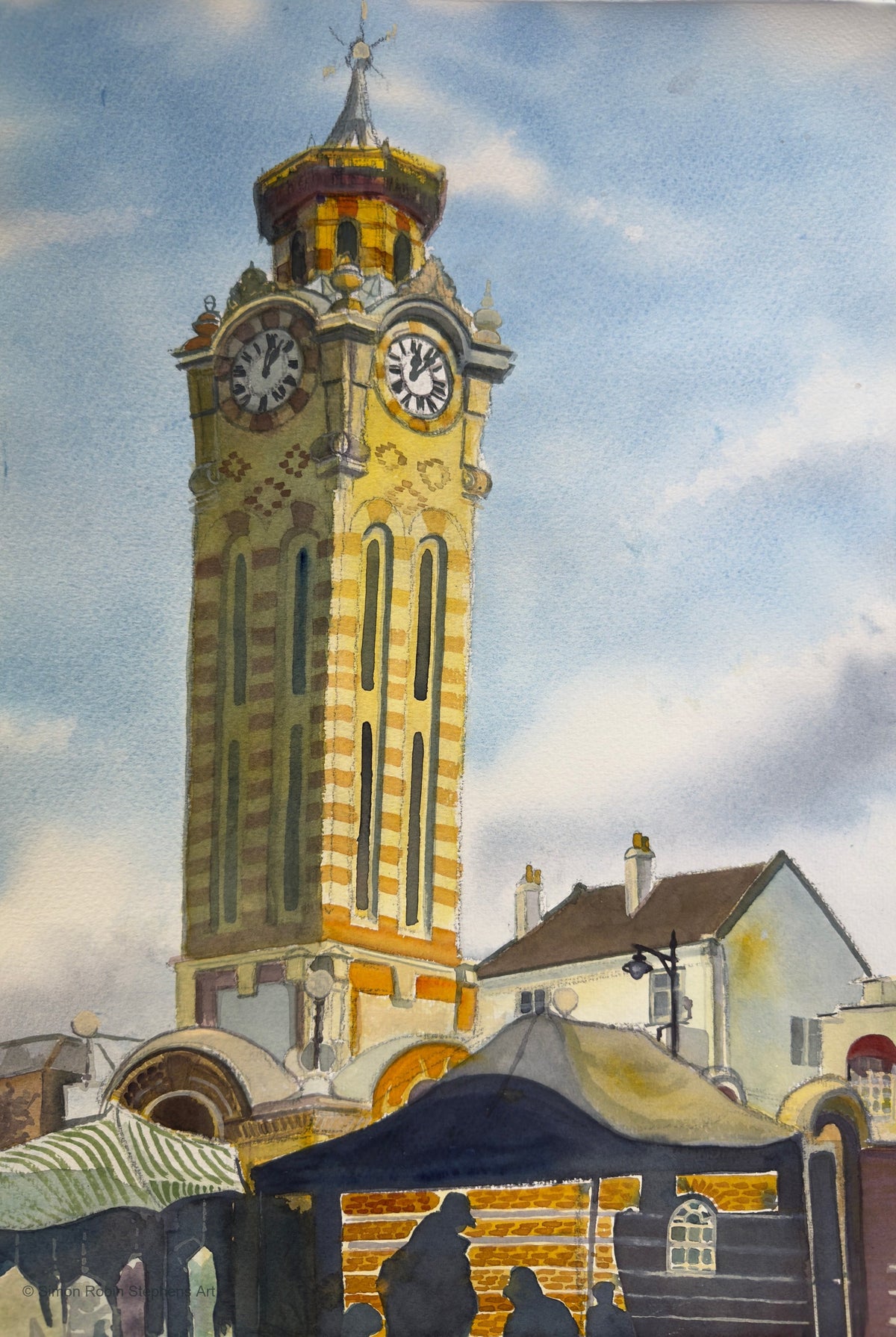 Time and Attention, a watercolour of Epsom clock tower above market stalls beneath a blue sky.