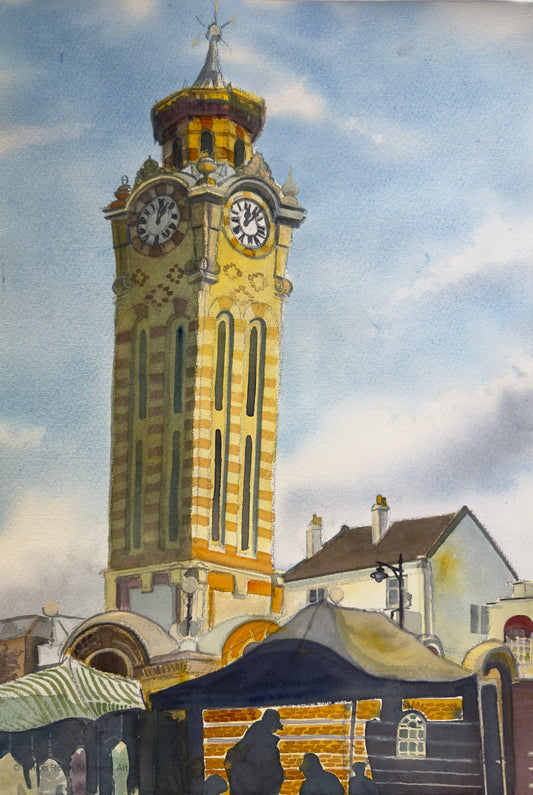 Time and Attention, a watercolour of Epsom clock tower above market stalls beneath a blue sky.