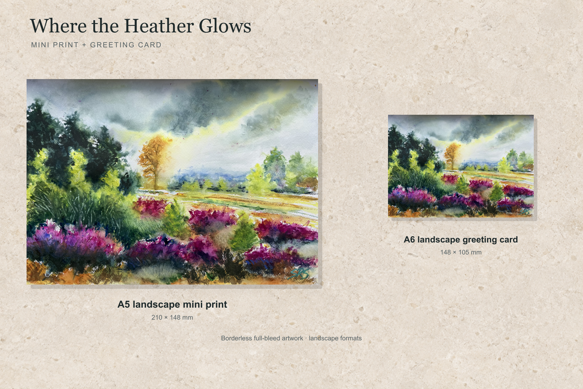 Illustrative landscape mock-up of the A5 mini print and A6 greeting card featuring Where the Heather Glows; both are borderless.