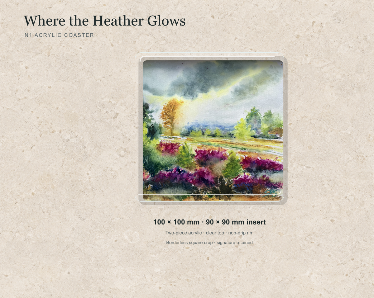 Illustrative mock-up of the N1 acrylic coaster featuring Where the Heather Glows.